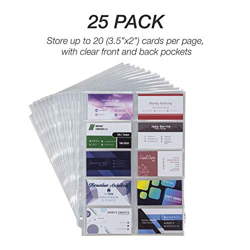 Samsill Business Card Sleeves, 25 Pack Holds 500 Business Cards, 3.5 X 2 Inch, 20 Per Page, Archival Safe, 3 Hold Punched, Fits 8.5 X 11 Inch Ring Binder #TOP1
