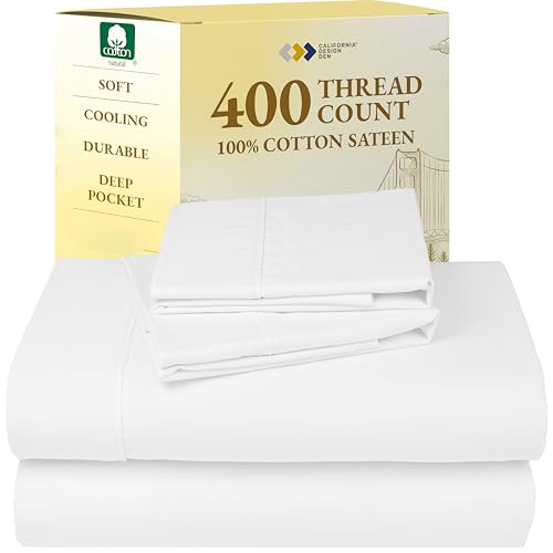 California Design Den Queen Sheet Set - Soft 400 Thread Count Sateen, Natural 100% Cotton Sheets, Deep Pockets with All Around Elastic for a Snug Fit, Cool & Durable Bedding Set - Antique White