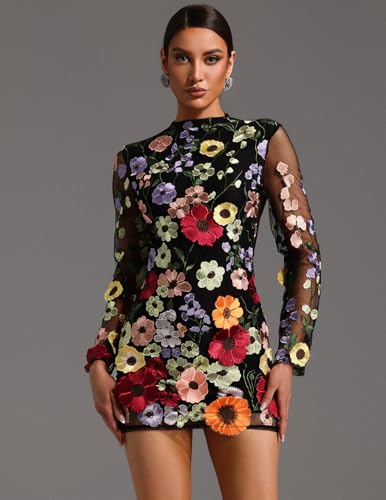 BELLA BARNETT Black Long Sleeve Flowers Embroidery Mesh Dress Floral Backless Cut Out Cocktail Dress2