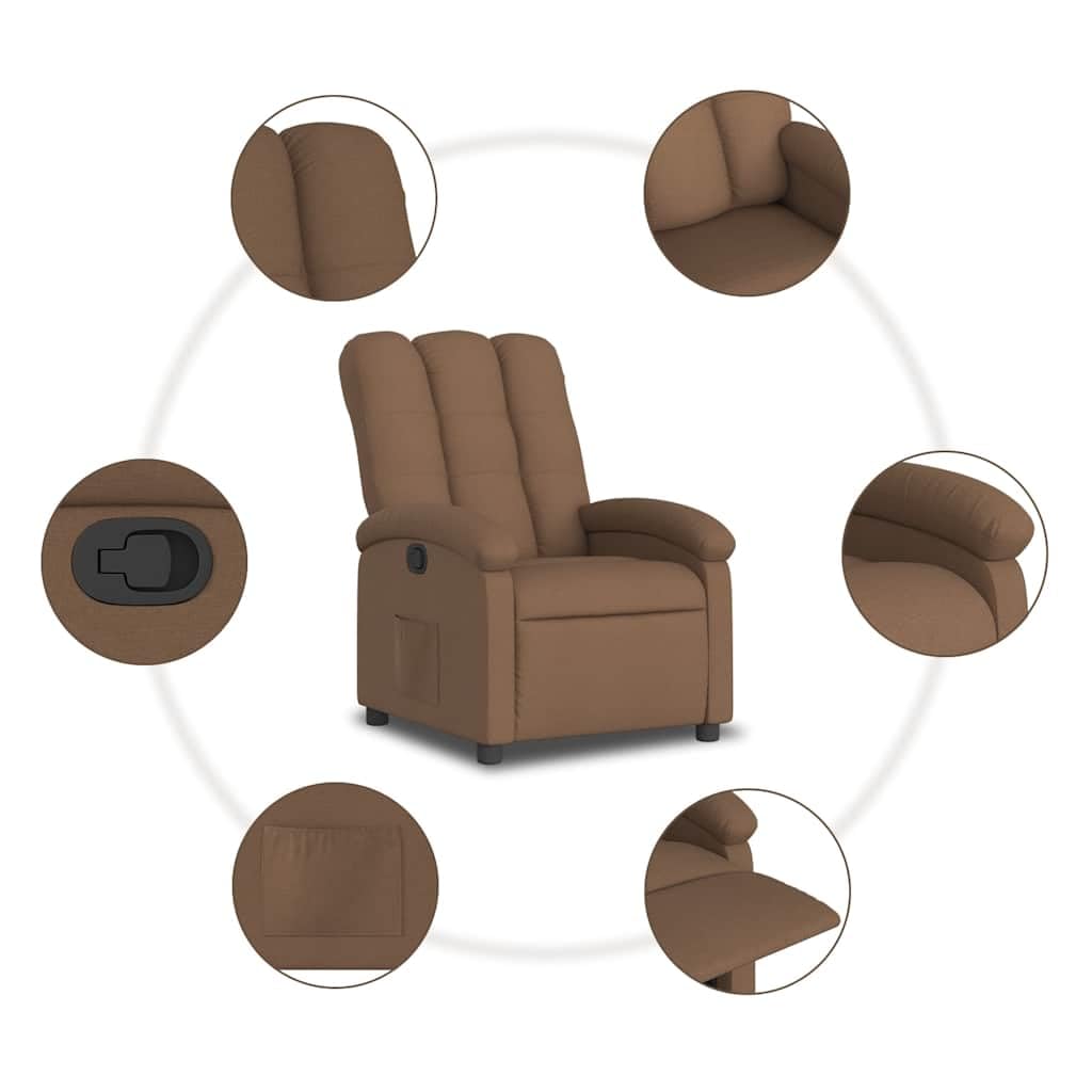 Fotel relaksacyjny, brązowy, z regulacją z ręczną funkcją leżenia, tapicerką, podłokietnikami, oparciem, drewnianą ramą metalową, ergonomiczny, do salonu, biura, czytania, oglądania telewizji