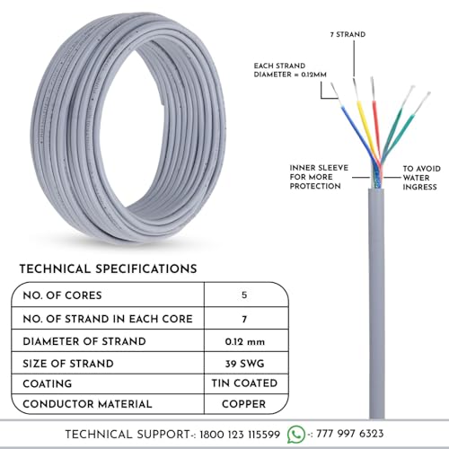 Image of RATNOTECH 5 Core Copper Wire for Water Level Controller & Indicator, 20 Meters - Tinned Copper, Virgin PVC, Durable Multistrand, Color-Coded for Easy Installation