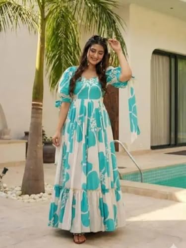 Image of Women Floral Printed Tiered Maxi Dress with Puff Sleeves, Empire Waist, Tie-Up Detail, Flared Long Dress for Casual Wear, Summer Outings, Vacation & Resort Wear - Causal Gown for Women