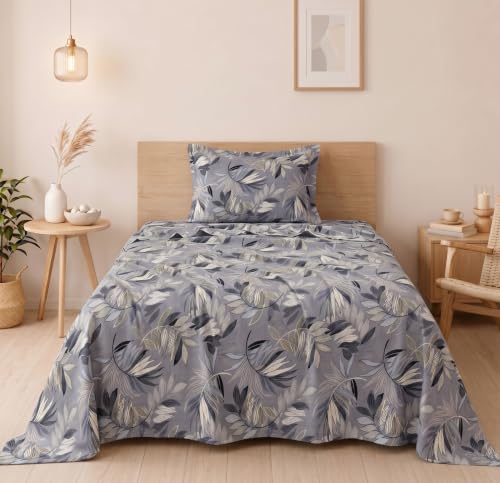 Image of BSB HOME 210 TC Cotton Feel Single Bedsheet with 1 Pillow Cover, Soft & Breathable Floral Printed Bed Sheet, Fade Resistant, Bedding for Home & Bedroom, 60 x 90 Inches (152 x 229 cm) (Mineral Grey)