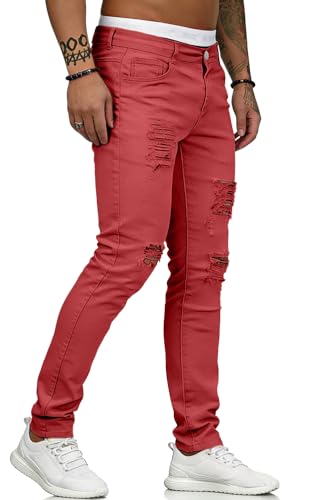 Image of HUNGSON Men's Blue Slim Fit Jeans Stretch Destroyed Ripped Skinny Jeans Side Striped Denim Pants