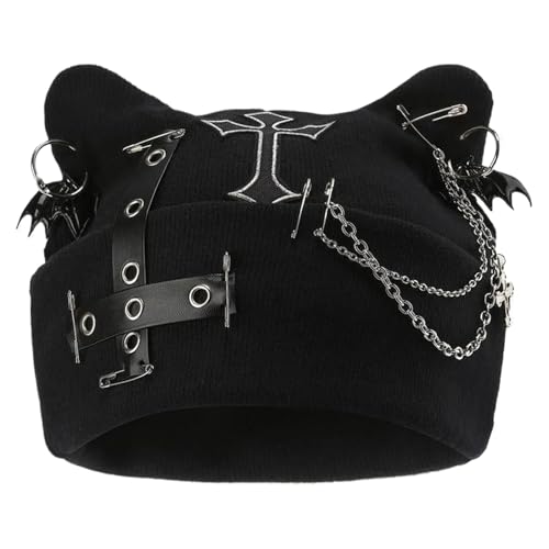 Bonnet oreilles de chat pour femme tricoté à chaîne gothique hiver streetwear