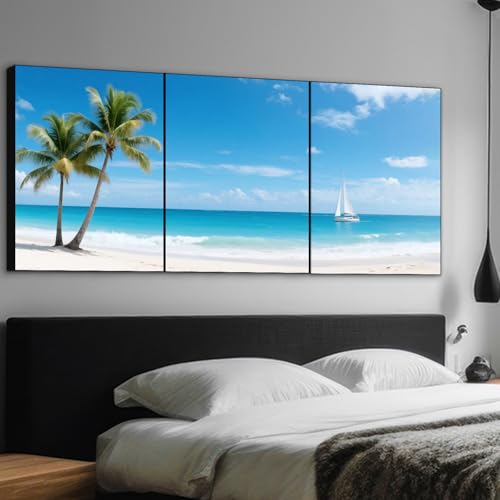 日光に照らされた霞んだ砂浜と波打つ海の美しい景色を描いた風景の北欧風モダン絵画。キャンバスに描かれた壁掛けアートプリントで、アルミニウム合金フレーム付き。耐久性のある頑丈なバックボード、厚さ2.5cm、サイズ40x30cmの3枚セット。 [3]