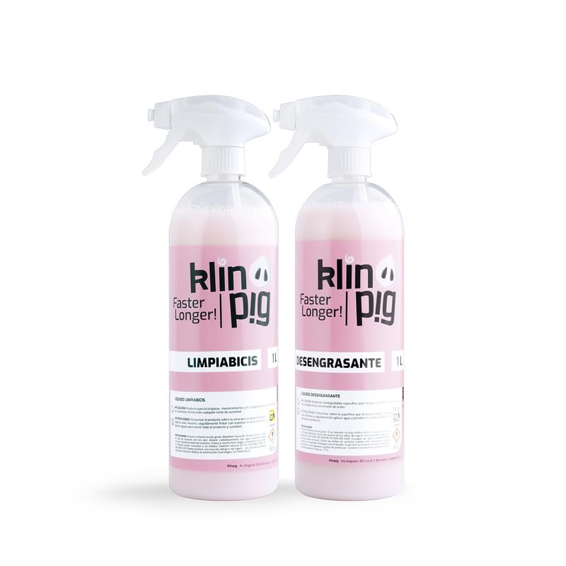 KLINPIG - Kit Limpieza Bicicleta, Limpiador y Desengrasante, 1 L, Elimina Suciedad y Restos de Lubricante, Fórmula Biodegrable, pH Neutro, No Daña Pintura ni Reseca Gomas, Agradable Olor y Color Rosa