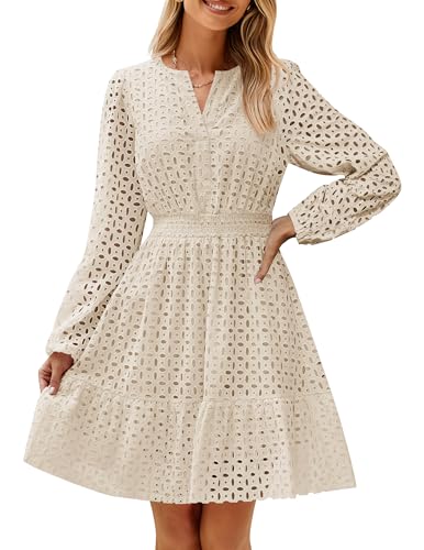 ZESICA Women's 2025 Long Sleeve Mini Dress Fall V Neck Hollow Out Eyelet Embroidery Ruffle A Line Swing Short Dresses,Apricot,Large