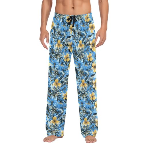 ALAZA Blue Yellow Flowers Men’s Pajama Pants Soft Long Sleep Pants Lounge Pajama Bottoms with Pockets