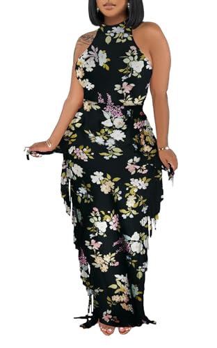 Image of 2 Piece Outfits for Women Sexy Halter Neck Sleeveless Crop Tops Ruched Bodycon Dresses Jumpsuits Fringe Skirt Sets