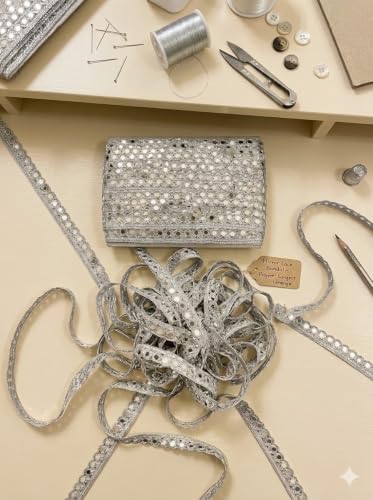 Image of Mirror lace Silver Reel Handwork Ribbon for Crafts Edge Embroidery lace for Dupatta /Saree & Fabric Decoration Water Golden (9meter Pack-Silver)