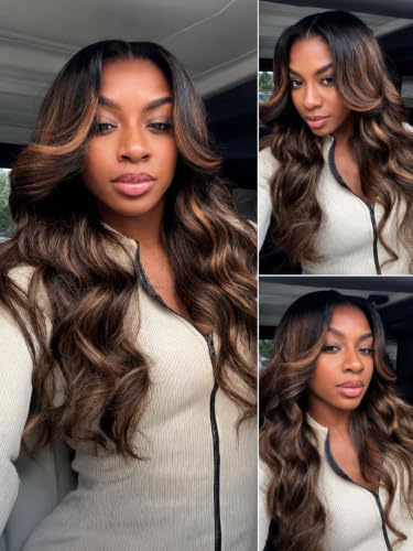 Image of Sunber Balayage Brown Body Wave Wig Human Hair 180% Density Highlight 13x4 HD Lace Front Glueless Wig Pre Cut Lace Pre Plucked Bleached Knots Invisi Drawstring Wear and Go Loose Wave Wigs 18inch