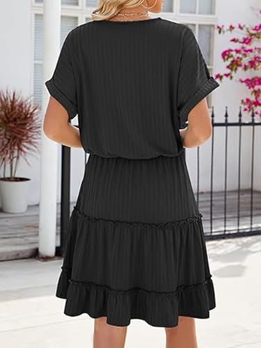 Image of PerZeal Women's Casual V Neck Short Sleeve Tiered Dress Ruffle Hem A-Line Flowy Swing Midi Dresses