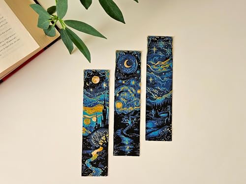 Image of Set of 3 Premium Bookmarks | Great Wave Hokusai Art Inspired, Anime Inspired & Koi Fish | Elegant Frame with Tassel | Perfect Gift for Readers & Collectors | Eco-Friendly Bioplastic (Starry Nights)
