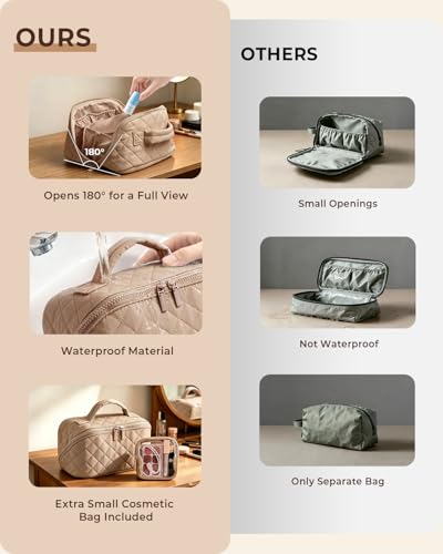 Image of Batfield Makeup Pouch Bag for Women, 2Pcs Waterproof Puffer Set with 180 Flat Open, Travel Large Capacity Makeup Bag for Women with Brush Compartment & Handle for Vacation, Business Trip (Khaki)