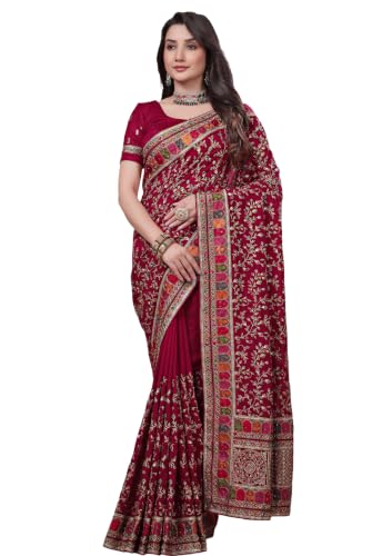 Ritual Styles Cherry Kashmiri Art Embroidered Vichitra Silk Saree