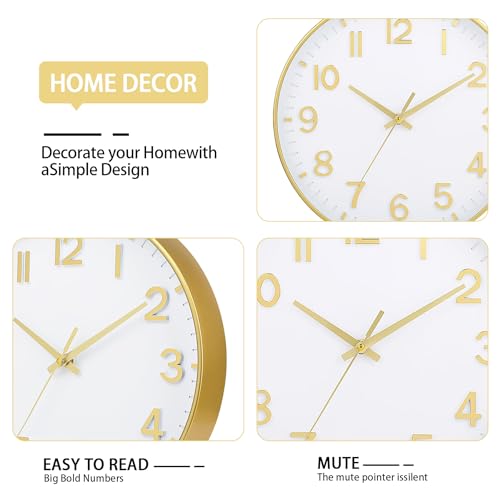 Image of HZDHCLH Wall Clocks Battery Operated,Wall Clock White Gold,8 inch Wall Clock Silent Non Ticking Modern 3D Numbers for Office Kitchen Classroom Bedroom Living Room Decor