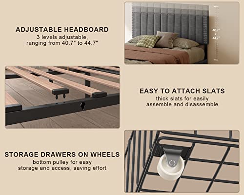 Gizoon Full Bed Frame With 4 Storage Drawers, Upholstered Platform Bed With Drawers And Headboard Adjustable Fits 6” To 12” Mattress, No Box Spring Needed (Dark Grey) #TOP4