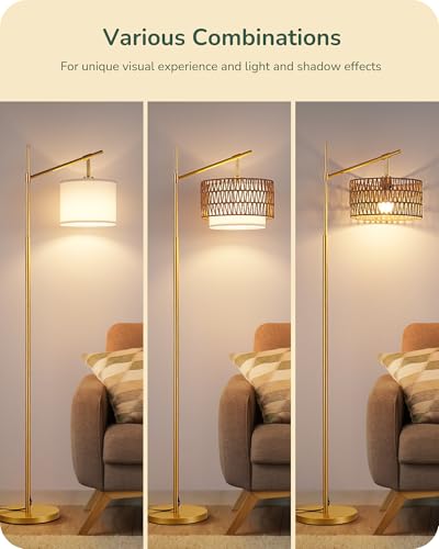 Image of EDISHINE Rattan Arc Floor Lamp, Gold Farmhouse Standing Lamps with Remote