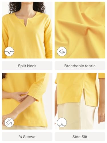 Image of SAADAA Airy Linen Split Neck Short Kurta for Women | Casual & Office Wear | 3 /4 Sleeves, Comfortable Fit | Elegant Top | Lightweight & Breathable Fabric |