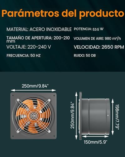 Miniatura 4 de Hg Power Ventilador De 200 Mm, 980 M H, Silencioso, Con Válvula De Retorno, Potente Ventilador De Pared Con Enchufe Europeo, Para Cocina, Baño, Garaje, Sótano, Gris
