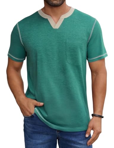 Men's Casual Henley Shirt Short Sleeve Summer V Neck Solid T-Shirt Tops Whith Pocket
