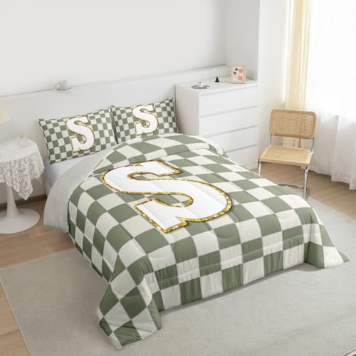 Image of Erosebridal Sage Green Checkered Comforter Set Queen Plaid Initial S Bedding Set Personalized Monogram Comforter for Kids Adults,Fashion Grids Gingham Quilt Duvet