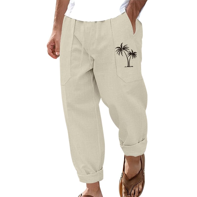 Mens Linen Pants Lightweight Beach Casual Sweatpants Loose Fit Baggy Hawaii Coconut Palm Print Casual Trousers