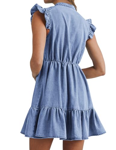 Image of POTILI Denim Dress for Women Mini Jean Dress with Pockets | Ruffle Sleeve, V-neck, Two Side Pockets
