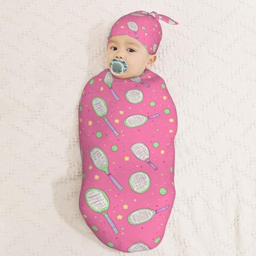 Image of Pickleball and Stars Newborn Swaddle Blankets Hat Sets Soft Baby Receiving Blanket Swaddle Sack for Baby Shower Infant Boy Girl Gift