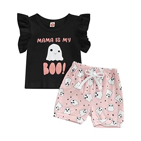 M9ppzzur7 Newborn Infant Baby Girls Halloween Outfits Short Sleeve Letter Print T-Shirt Tops Shorts 2Pcs Halloween Clothes Set (Black, 6-12 Months) Cover