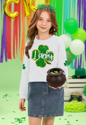 Image of Tween Girl St. Patrick's Irish Lucky Four Leaf Clover Sequin Crop Top Green White Long Sleeve Shirt 10 Years