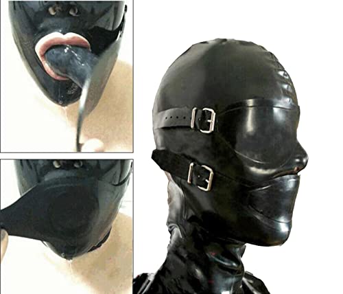 latex hood with mouth plug and eye patch full face mask rubber head mask with zipper for unisex