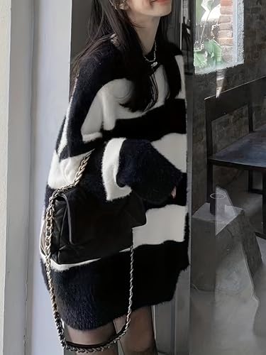 Womens Wide Striped Fuzzy Sweater Casual Contrast Color Crew Neck Furry Knit Pullover Tops2