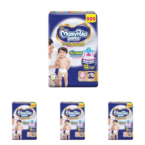Image of MamyPoko Pants Extra Absorb Baby Diapers, Large (L Size) | 9-14 kg | 48 Count |Deep Sleep Diapers| Soft Gentle fit |Deep Absorbent Crisscross | Skin Friendly with Coconut Oil | (Pack of 4)
