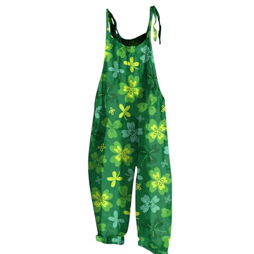 RMBLYfeiye Latzhose Damen Jeans Einweg Overall Pailletten Jumpsuit Kleeblatt Druck St Patricks Day Kostüm Spaghetti Wide Leg Playsuit Ärmelloser Racerback Romper