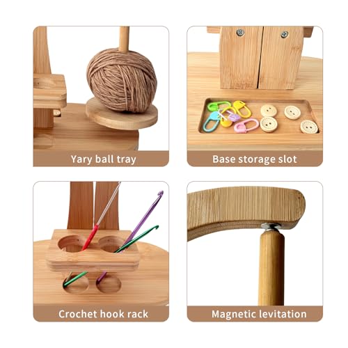 Image of Magnetic Wooden Yarn Holder for Crocheting & Knitting - Smooth Rotating Yarn Spinner with Double Spindles, Tangle-Free Thread Dispenser, Ideal Gift for Knitters & Weavers (Natural)