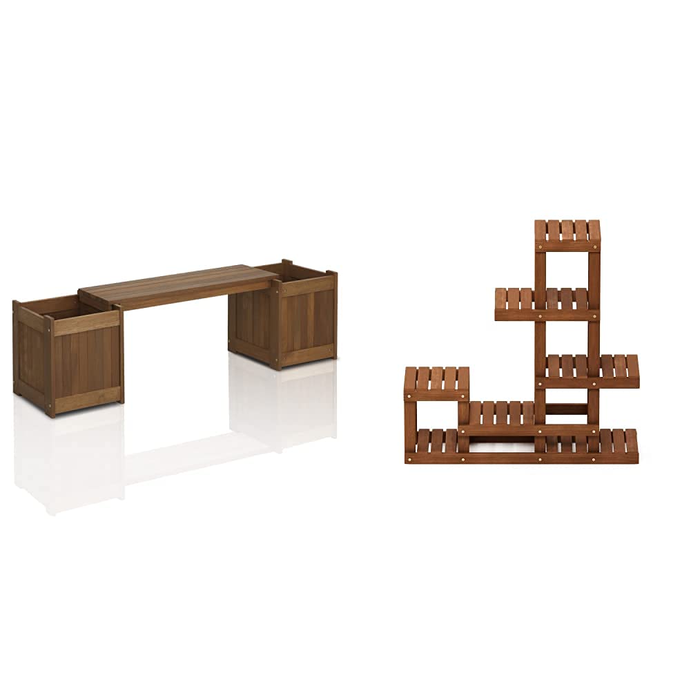 Photo 1 of  opened 
 FURINNO FG16011 Tioman Hardwood Flower Box, 1-Pack, Natural & FG18451 Tioman Hardwood Patio Furniture Outdoor Flower Stand in Teak Oil, Natural