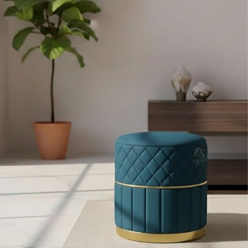 Image of ENIQE STORE Set of 2 Round Velvet Ottoman Footstool Gold Base - Tufted Upholstered Pouffe Stool for Living Room, Bedroom & Dressing Area (Aqua)