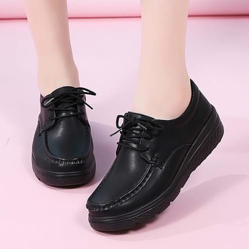 OVPMKC Women's Lightweight Nursing Shoes Slip Resistant Lace Up Work Restaurant Shoes Comfortable Leather Loafers Black 40 | Image 5