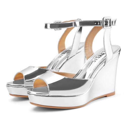 Image of Women's Dressy Platform Wedge Sandals Gold Wedges Peep Toe Patent High Heels Slingback Heeled Comfortable Ankle Strap Shoes