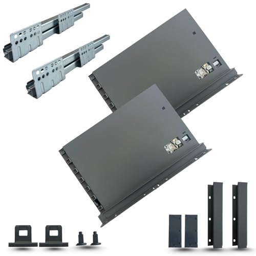 Tiroir en kit à extraction totale pour ambiance, salle de bain, cuisine, bureau, nouveau design slim, charge 40 kg, rails synchronisés (H 203 mm - P 500 mm)