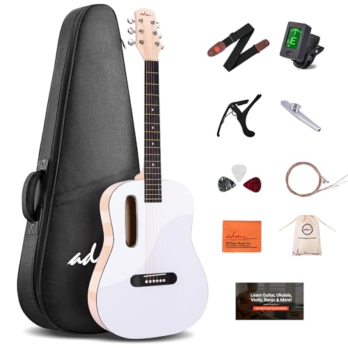 ADM Acoustic Guitar Kits for Beginners Adults - 38' Steel-String Guitars Bundle with Online Lesson Wooden Bowl Guitarra Starter Set Package with Bag, Strap, Picks, Capos, Kazoo, White