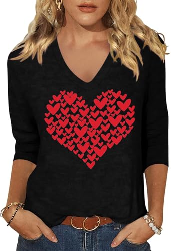 Image of Woffccrd Womens 3 /4 Sleeve V Neck T-Shirts Valentina's Day Spring Shirts Love Heart Printed Graphic Tees