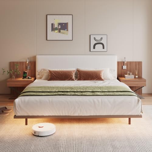 JPND King Size Bed Frame with Headboard 2 Nightstands Lamps and USB Ports