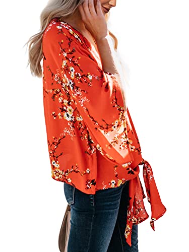 Womens Floral Oversized Tie Front Top Short Sleeve V Neck Chiffon Blouses Summer Shirts Red #TOP1