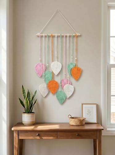 Image of JH Gallery Macrame Leaf Wall Hanging, Boho Theme Home Decor Tapestry with Wooden Beads, Handmade Macrame Wall Decor for Bedroom, Living Room and Balcony. (Multicolor)