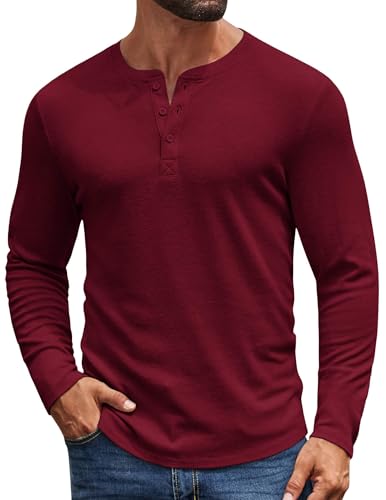 COOFANDY Mens Henley Shirts Long Sleeve Casual Pullover Button Tee Lightweight Fashion T-Shirt Wine Red