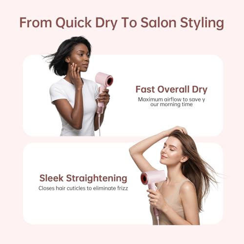 Image of Hair Dryer, BOWEI 110000 RPM High-Speed Professional Blow Dryer for Fast Drying, 200M Negative Ions Anti-Frizz, Smart Thermo-Control, 0.83 lb Lightweight Quiet Compact Hairdryer, All Hair Types, Pink