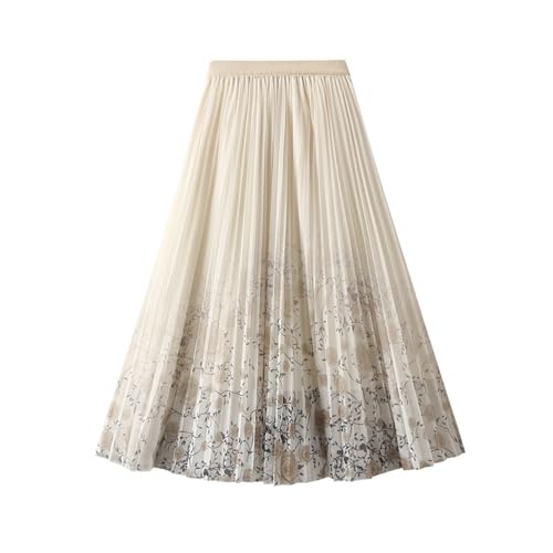 Womens A-Line Pleated Skirts Elastic High Waisted Casual Skirt Floral Printed Fairy Skirts Loose Fit Midi Long Skirts